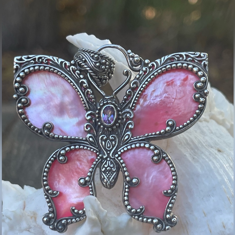 Pink sterling silver reversible buttery pendant with amethyst
